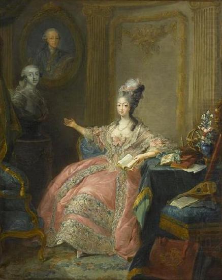 unknow artist Portrait of Marie Josephine of Savoy Countess of Provence pointing to a bust of her husband overlooked by a portrait of her father china oil painting image